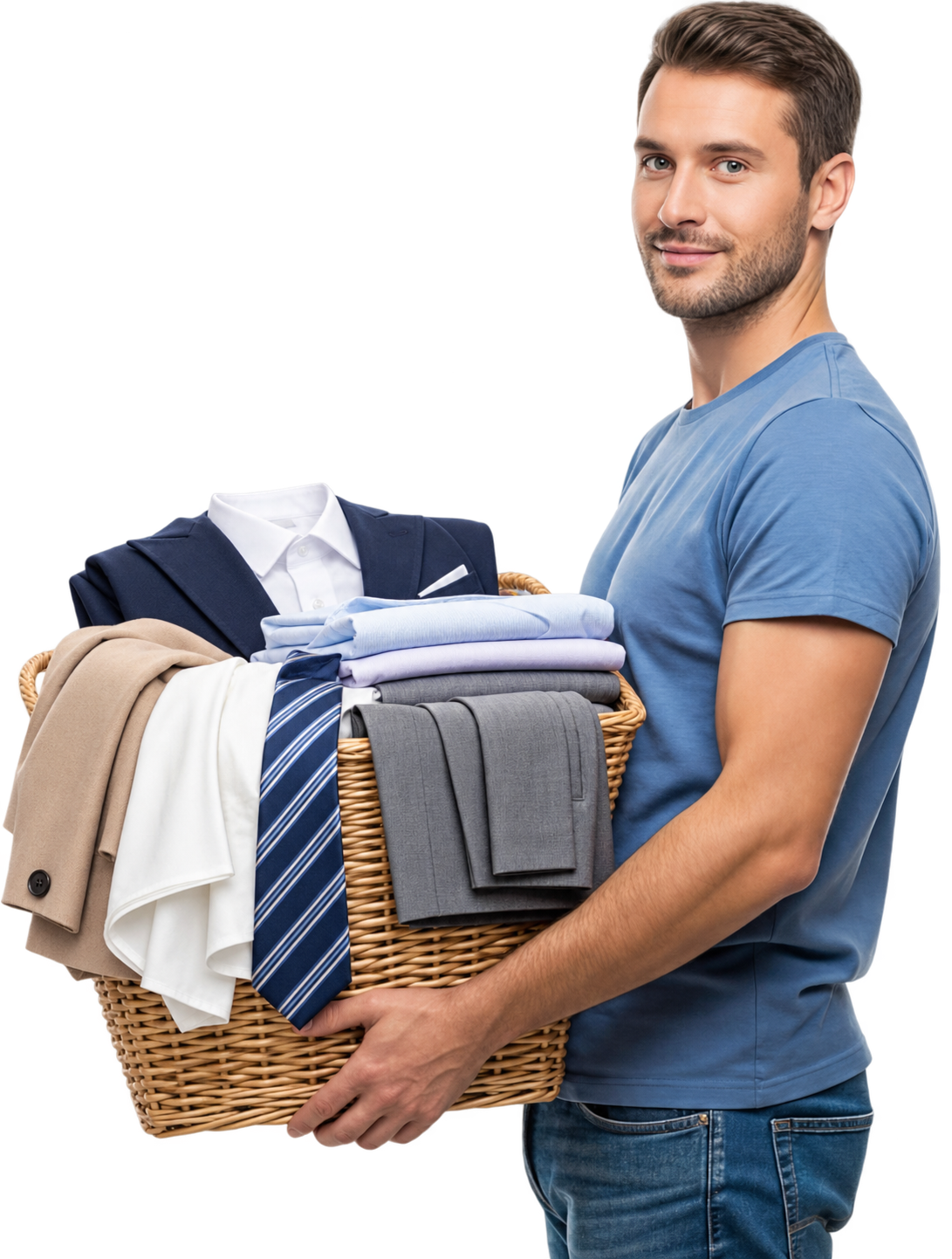 Delivery partner holding freshly pressed garments