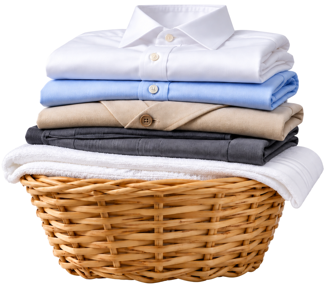 Fresh dry cleaned garments in wicker basket